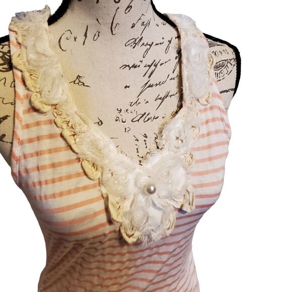 Promesa Ladies Pink & White Striped Tank With Floral Applique - Size Small - Picture 4 of 6